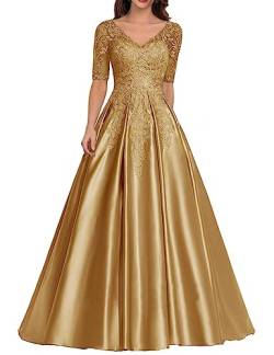 Damen Lang Abendkleid Glitzer Satin Ballkleid A-Linie Hochzeitsgast Kleid mit Ärmel Vintage Festkleid Gold 42 von HUINI