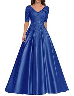 Damen Lang Abendkleid Glitzer Satin Ballkleid A-Linie Hochzeitsgast Kleid mit Ärmel Vintage Festkleid Königsblau 36 von HUINI