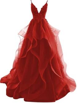 HUINI Abendkleid Elegant Lang Ballkleid Hochzeitskleider Prinzessin A-Linie Abiballkleider Maxikleider Rot 46 von HUINI