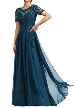 HUINI Abendkleider Elegant Lang für Hochzeit Kurzarm Spitzen Mutter des Bräutigams Maxikleid Chiffon Tintenblau 48 von HUINI