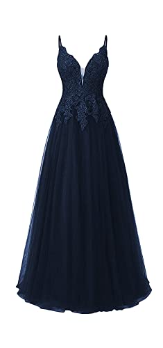 HUINI Ballkleid Damen Lang Elegant Abendkleid Hochzeit Brautjungfernkleid Cocktailkleider Tüll Glitzer Promkleider V-Ausschnitt Navy 48 von HUINI