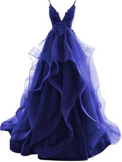 HUINI Ballkleider Lang Elegent Abendkleid Hochzeitskleider Standesamt Damen Tüll Abschlussballkleid Prinzessin Rückenfrei Königsblau 46 von HUINI