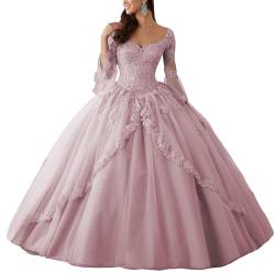 HUINI Ballkleider Lang Spitze Brautkleider Langarm Quinceanera Kleider Prinzessin V-Ausschnitt Hochzeitskleider Altrosa 40 von HUINI