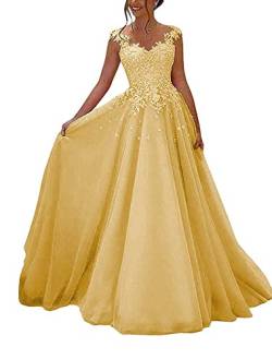 HUINI Ballkleider Lang Spitzen Formell Abendkleid Prinzessin A-Linie Hochzeitsgast Kleid Ärmellos Festkleid Gold 40 von HUINI