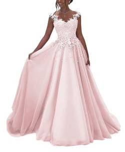 HUINI Ballkleider Lang Spitzen Formell Abendkleid Prinzessin A-Linie Hochzeitsgast Kleid Ärmellos Festkleid Hell rosa 52 von HUINI