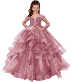 HUINI Blumenmädchen Kleid Lang Tülle Prinzessin Ballkleid Kinder Hochzeitskleid Langarm Festliche Partykleid Baby pink 8 Jahre von HUINI