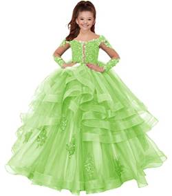 HUINI Blumenmädchen Kleid Lang Tülle Prinzessin Ballkleid Kinder Hochzeitskleid Langarm Festliche Partykleid Limettengrün 8 Jahre von HUINI