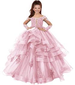 HUINI Blumenmädchen Kleid Lang Tülle Prinzessin Ballkleid Kinder Hochzeitskleid Langarm Festliche Partykleid Pink 8 Jahre von HUINI