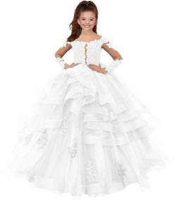 HUINI Blumenmädchen Kleid Lang Tülle Prinzessin Ballkleid Kinder Hochzeitskleid Langarm Festliche Partykleid Weiß 8 Jahre von HUINI