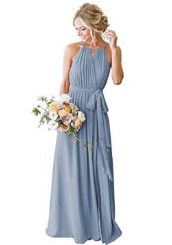 HUINI Brautjungfernkleid Lang Chiffon Hochzeit Gast Kleid für Damen Neckholder A-Linie Maxikleid mit Schlitz Schmutzigblau 46 von HUINI