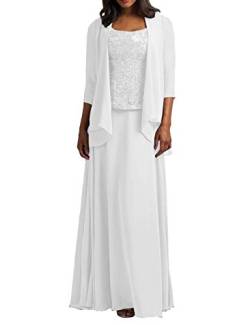 HUINI Brautmutter Kleider mit Jacke Chiffon Lang Abendkleider Lace Hochzeitskleid Festkleider Langarm Weiß 54 von HUINI