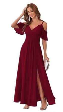 HUINI Damen Abendkleid Lang Chiffon A-Linie Ballkleid für Hochzeit Gäst Schlicht Brautjungfernkleid mit Schlitz Burgund 54 von HUINI