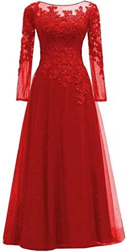 HUINI Damen Abendkleid Lang Tüll Ballkleid mit Ärmel Hochzeitskleid Standesamt A-Linie Spitzen Festkleid Rot 38 von HUINI