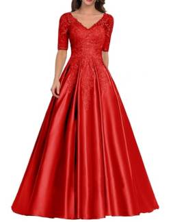 HUINI Damen Abendkleid Satin Lang Ballkleid Elegant für Hochzeit V-Ausschnitt Spitzen Brautmutterkleid mit Ärmel Rot 38 von HUINI