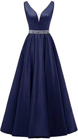 HUINI Damen Abendkleider Lang Satin Ballkleider A-Linie Formell Hochzeit Gast Kleid V-Ausschnitt Partykleid Marineblau 40 von HUINI