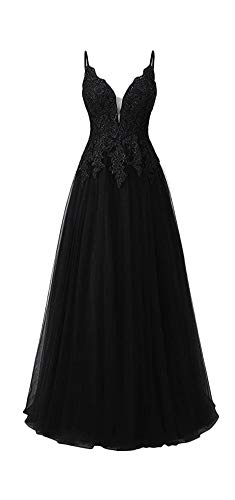 HUINI Damen Lang Abendkleid Hochzeitskleid Tüll Vintage Ballkleid V-Ausschnitt Cocktailkleid Sexy Spitezn Partykleider Schwarz 42 von HUINI