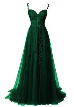 HUINI Damen Spitzen Ballkleider Lang Spaghettiträger Abendparty Kleid für Damen Schlitz Prinzessin Promkleid Dunkelgrün 32 von HUINI