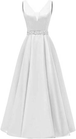 HUINI Damen V-Ausschnitt Abendkleider Satin Elegant Lang Ärmellos Cocktailkleider Ballkleider Prinzessin Lang Hochzeitsgast Kleid Festkleid A-Linie Lang Rückenfrei Weiß 50 von HUINI