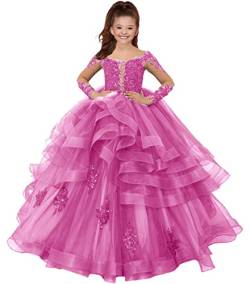 HUINI Mädchen Lang Ballkleider Blumenmädchen Kleid für Hochzeit Spitzen Langarm Kinder Partykleid Hot pink 12 Jahre von HUINI