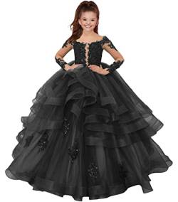 HUINI Mädchen Lang Ballkleider Blumenmädchen Kleid für Hochzeit Spitzen Langarm Kinder Partykleid Schwarz 6 Jahre von HUINI