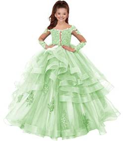 HUINI Mädchen Prinzessin Kleid Festliche Langarm Partykleid Tülle Festzug Kleider Hochzeit Brautjungfern Blumenmädchen Kleider Hell Salbei 7 Jahre von HUINI