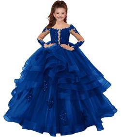 HUINI Mädchen Prinzessin Kleid Festliche Langarm Partykleid Tülle Festzug Kleider Hochzeit Brautjungfern Blumenmädchen Kleider Königsblau 14 Jahre von HUINI