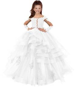 HUINI Mädchen Prinzessin Kleid Festliche Langarm Partykleid Tülle Festzug Kleider Hochzeit Brautjungfern Blumenmädchen Kleider Weiß 14 Jahre von HUINI