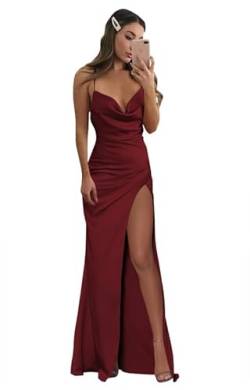 HUINI Satin Ballkleid Lang Glitzer Abschlussballkleid Spaghettiträger Schlitz Hochzeitsgast Kleid für Damen Weinrot 32 von HUINI