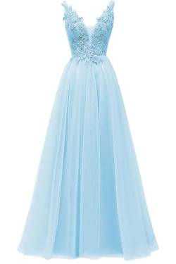 HUINI V-Ausschnitt Abendkleid Lang Elegant Rückenfrei Cocktailkleider Ballkleider Prinzessin Lang Damen Brautjungfernkleid A-Linie Spitze Hochzeit Festkleid Ärmellos Hellblau 36 von HUINI