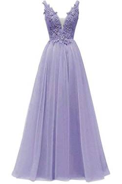 HUINI V-Ausschnitt Abendkleid Lang Elegant Rückenfrei Cocktailkleider Ballkleider Prinzessin Lang Damen Brautjungfernkleid A-Linie Spitze Hochzeit Festkleid Ärmellos Lavendel 58 von HUINI