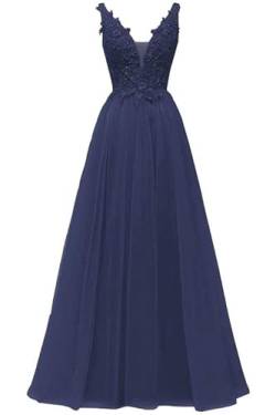 HUINI V-Ausschnitt Abendkleid Lang Elegant Rückenfrei Cocktailkleider Ballkleider Prinzessin Lang Damen Brautjungfernkleid A-Linie Spitze Hochzeit Festkleid Ärmellos Marineblau 46 von HUINI