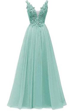 HUINI V-Ausschnitt Abendkleid Lang Elegant Rückenfrei Cocktailkleider Ballkleider Prinzessin Lang Damen Brautjungfernkleid A-Linie Spitze Hochzeit Festkleid Ärmellos Minze 40 von HUINI