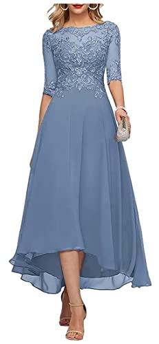 HUINI Wadenlang Brautmutterkleider mit Ärmel Spitzen High-Low Formell Abendkleid Mutter des Bräutigams Kleid Grau-blau 38 von HUINI