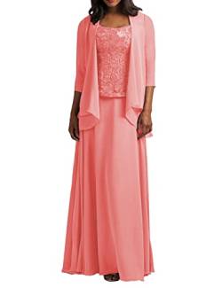 HUINI Zweiteilig Mutter der Braut Kleider Langarm Spitzen Abendkleider Elegant Festliche Partykleid Hochzeitsgast Kleid mit Jacke Koralle 48 von HUINI