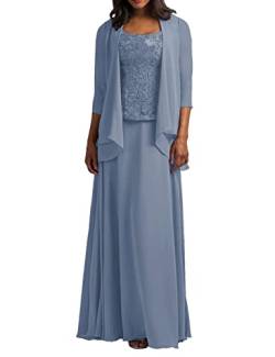 HUINI Zweiteilig Mutter der Braut Kleider Langarm Spitzen Abendkleider Elegant Festliche Partykleid Hochzeitsgast Kleid mit Jacke Schmutzigblau 50 von HUINI