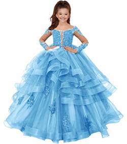 Mädchen Ballkleid A-Linie Tülle Vintage Abendkleid Hochzeit Brautjungfer Kleid für Kinder Prinzessin Taufe Kleider Hell blau 5 Jahre von HUINI