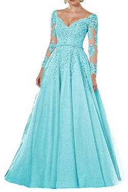 Vintage Abendkleider Lang Spitzen Ballkleider Brautmutterkleider A-Linie Hochzeitskleid Langarm Maxikleider Blau 34 von HUINI