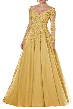 Vintage Abendkleider Lang Spitzen Ballkleider Brautmutterkleider A-Linie Hochzeitskleid Langarm Maxikleider Gold 50 von HUINI