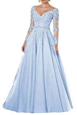 Vintage Abendkleider Lang Spitzen Ballkleider Brautmutterkleider A-Linie Hochzeitskleid Langarm Maxikleider Hellblau 38 von HUINI