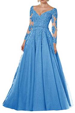 Vintage Abendkleider Lang Spitzen Ballkleider Brautmutterkleider A-Linie Hochzeitskleid Langarm Maxikleider Meerblau 38 von HUINI