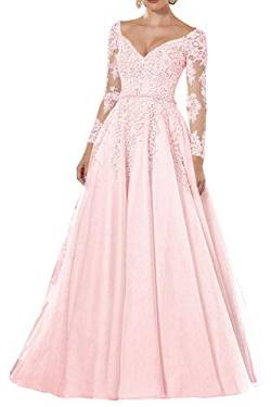 Vintage Abendkleider Lang Spitzen Ballkleider Brautmutterkleider A-Linie Hochzeitskleid Langarm Maxikleider Rosa 46 von HUINI