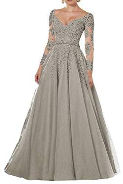 Vintage Abendkleider Lang Spitzen Ballkleider Brautmutterkleider A-Linie Hochzeitskleid Langarm Maxikleider Silber 52 von HUINI