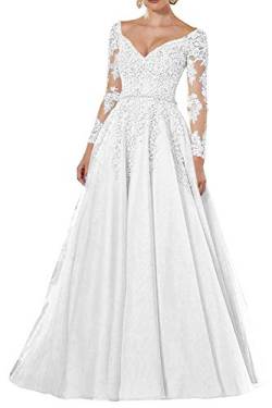 Vintage Abendkleider Lang Spitzen Ballkleider Brautmutterkleider A-Linie Hochzeitskleid Langarm Maxikleider Weiß 32 von HUINI