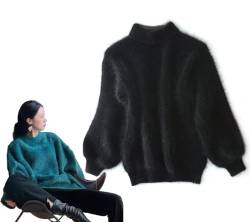 HUIQINGLI Damen-Winterpullover aus Angora-Kaschmir-Mischung, lockerer, Warmer Pullover, Flauschiger Plüschpullover, lockerer, einfarbiger Strickpullover mit Rundhalsausschnitt (Schwarz,Einheitsgröße) von HUIQINGLI