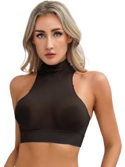 HULIJA Damen Nylon Crop Top Neckholder Transparenten T-Shirt Tank Tops Shirt Oberteile Unterhemd Party GOGO Clubwear A Schwarz Einheitsgröße von HULIJA