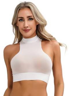 HULIJA Damen Nylon Crop Top Neckholder Transparenten T-Shirt Tank Tops Shirt Oberteile Unterhemd Party GOGO Clubwear A Weiß Einheitsgröße von HULIJA