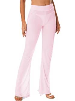 HULIJA Damen Nylon Hose Transparent Schlaghose Lange Strumpfhose Sport Pants Strandhose Yoga Outfits Clubwear Party Rosa Einheitsgröße von HULIJA