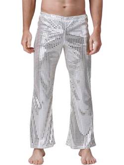 HULIJA Herren Glitzer Hose Lang Glänzend Tanzhose Jazzhose Retro Pants Bühnenauftritte Cosplay Party Karneval Bühnenauftritte A Silber S von HULIJA