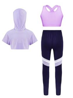 HULIJA Kinder Mädchen Sport Kleidung Set Kurzarm Pullover Hooded mit Lang Hose Trainingsanzug Laufen Fitness Training Freizeit C Lavendel 134-140 von HULIJA