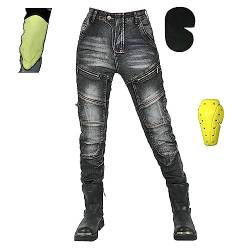 HULUV Motorradhosen Für Damen Radfahrer Fracht Jeans Aus Kevlar Aramid, Mit CE Schutzpanzerung, Schutzhose Aus Ripstop Stretch Denim (Color : Noir, Size : XL) von HULUV